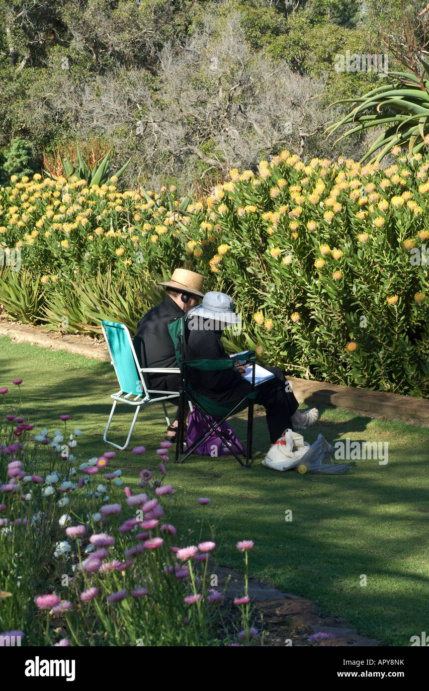 Old couple resting in Kings Park South African section of Botanical Garden Perth Western Australia September Stock Photo