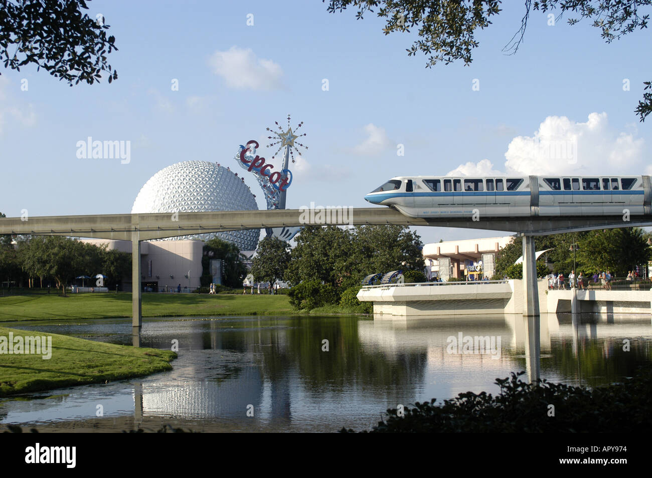 Orlando FL Walt Disney World EPCOT monorail with sphere in background Stock Photo
