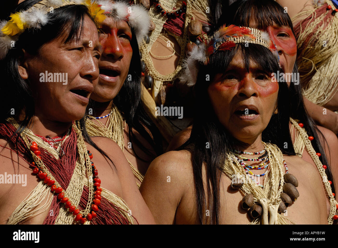 Huaorani Indians in a protest march. Amazon rainforest Indians, ECUADOR.  South America Stock Photo - Alamy