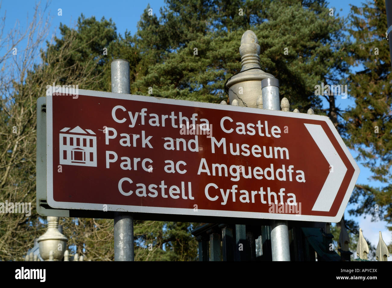 Brown Tourism Road Sign Cyfarthfa Castle Merthyr Tydfil South Wales UK Written in Welsh and English Stock Photo