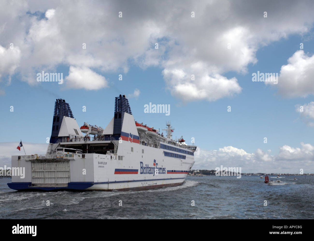 The Brittany Ferries ferry Barfleur, departing from Poole Bay Harbour, Dorset, UK to cross the English Channel to Cherbourg Stock Photo