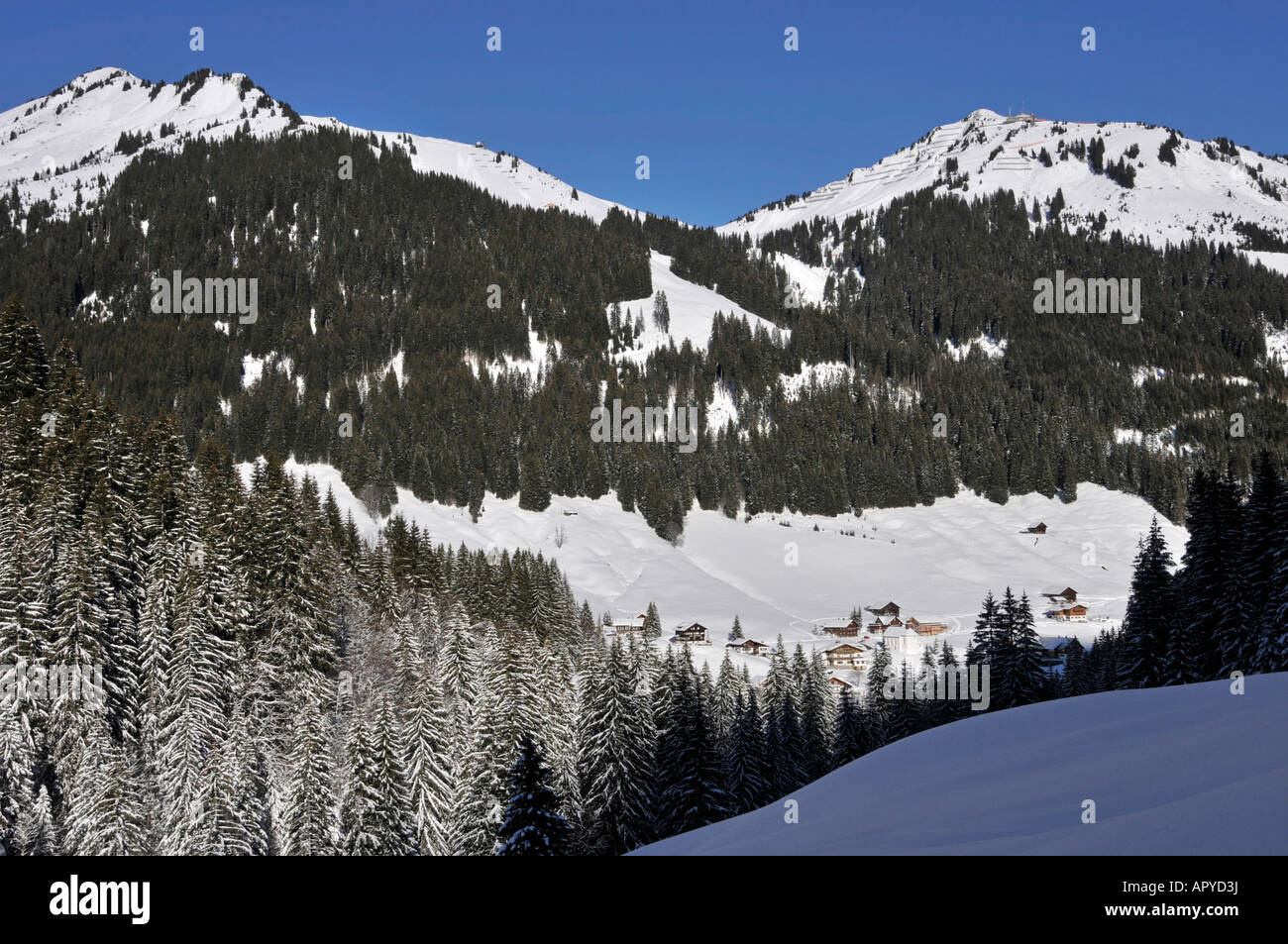 Winter landscape in Austria (Baad, Kleinwalsertal) Stock Photo