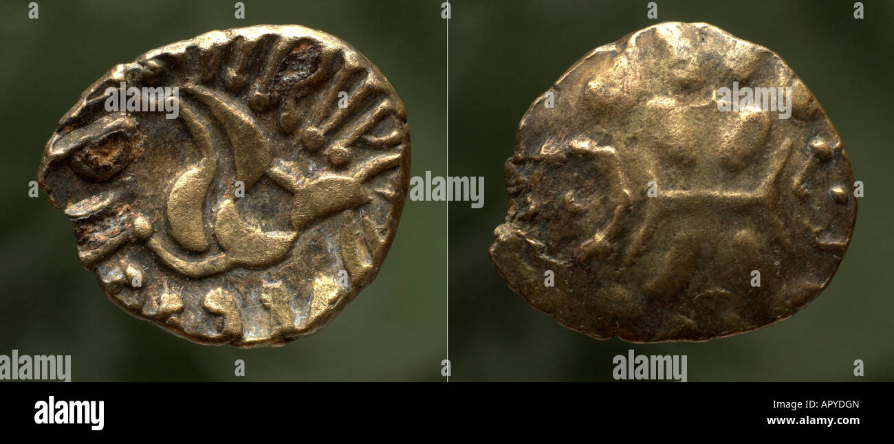 Celtic inscribed Gold Stater. EIISVP  RASV  (EISUP RASU)  about 10 to 15 AD. Stock Photo