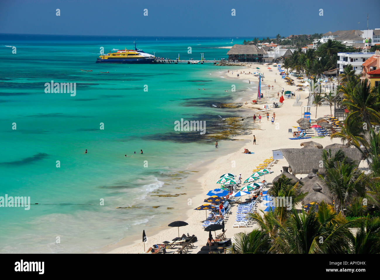 Playa del Carmen beach with Cozumel ferry pier in distance, Playa del  Carmen, Quinatana Roo state, Mexico, North America Stock Photo - Alamy