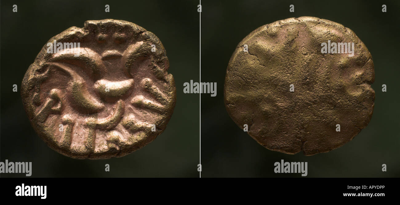 Celtic Inscribed Gold  Stater. EIISVP  RASV  (EISUP RASU) about 10 to 15 AD. Stock Photo