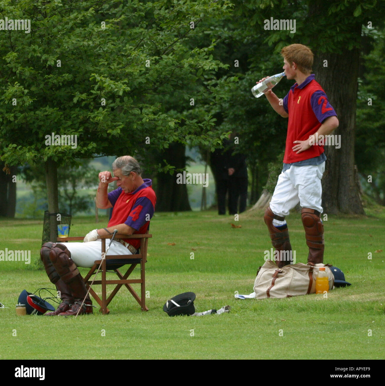 Prince Charles and Prince Harry resting between chukkas at polo Stock Photo