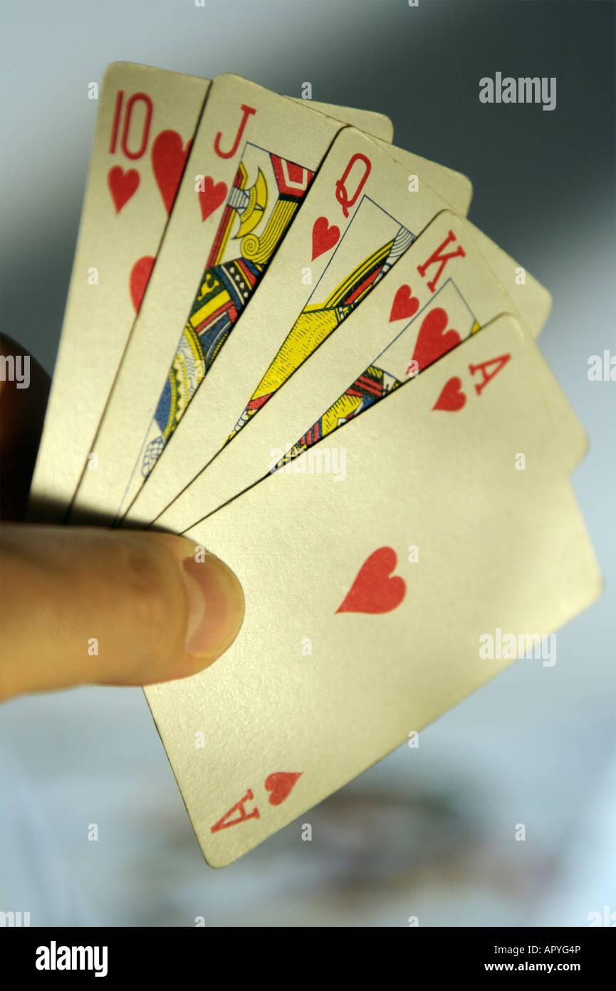 Create an artistic representation of a royal flush, the highest-ranking  hand in poker, using vibrant colors and intricate details. showcase the  five cards (ace, king, queen, jack, and ten) from a single