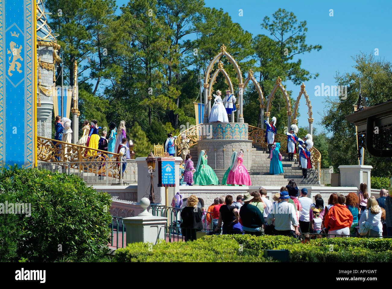 A glorious wedding at the Cinderella Castle in Walt Disney World between Cinderella and Prince Charming. Stock Photo