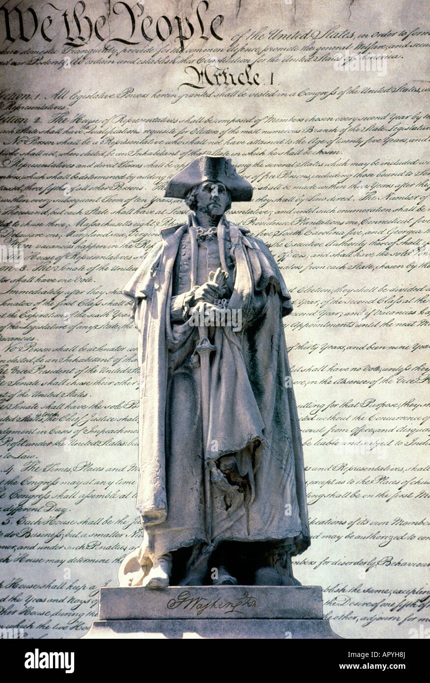 Constitution of the United States of  America and statue of George Washington composite Stock Photo