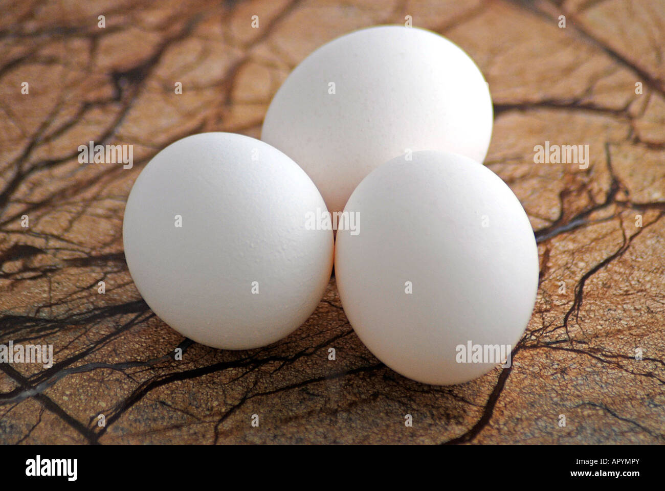Three White Chicken Eggs on marble surface Stock Photo