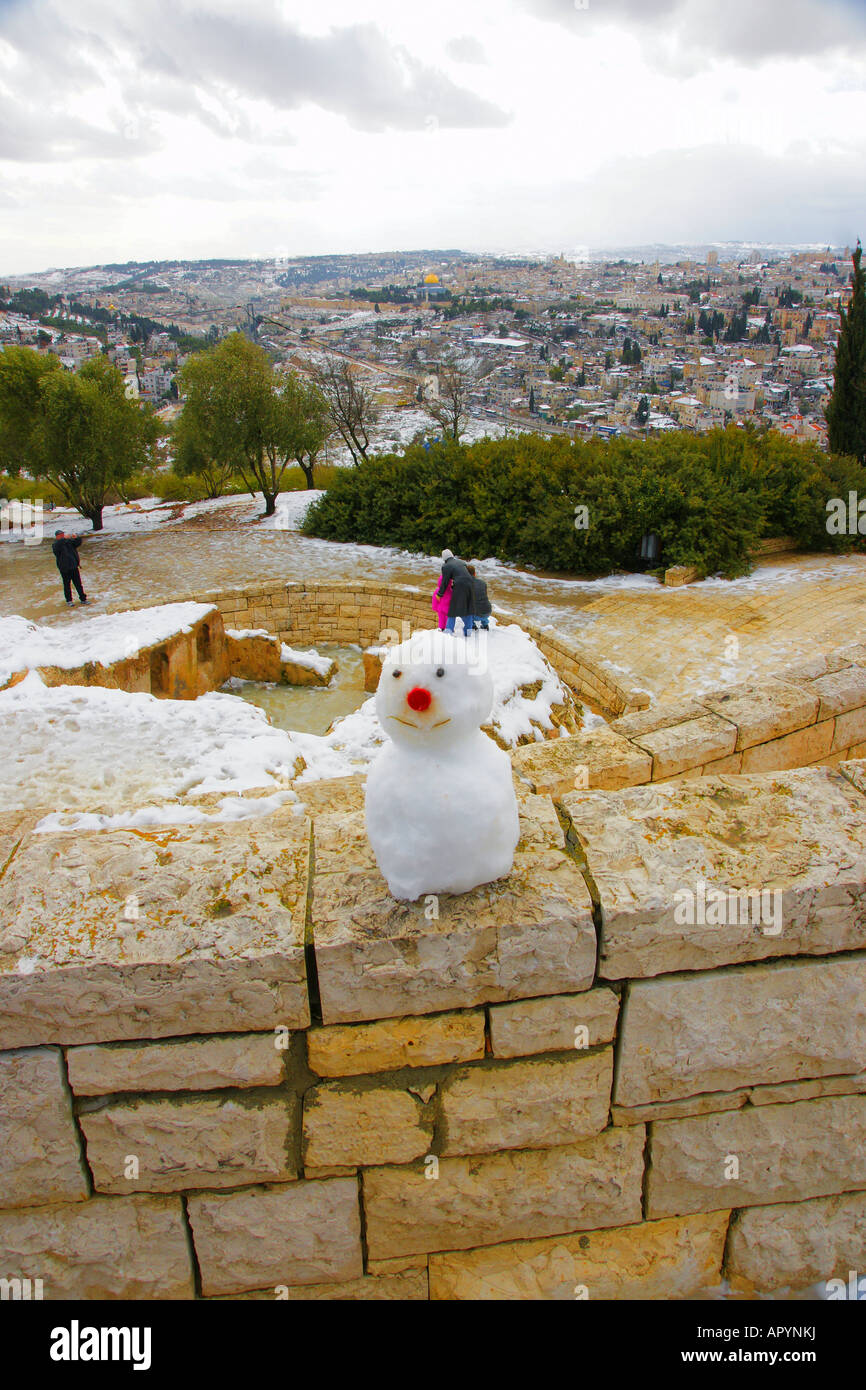 Israel, a snow man on mount Scopus in Jerusalem Stock Photo