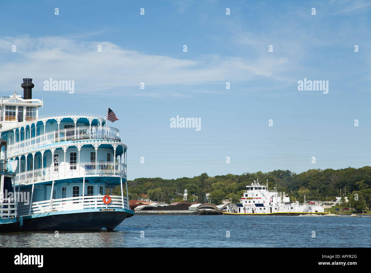 IOWA LeClaire Paddlewheel boat docked on Mississippi River pushboat