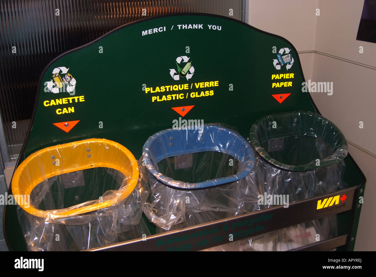 Bilingual trash receptacle for recycling Stock Photo