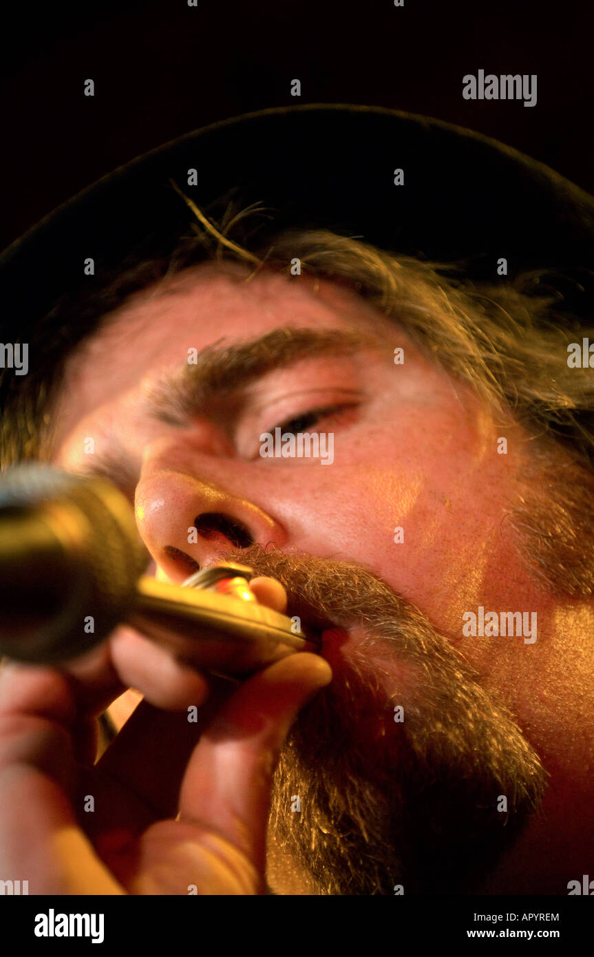 The band Golgi Apparatus perform at the Chiddingly Festival, East Sussex, 2007. A musician plays the kazoo. Stock Photo