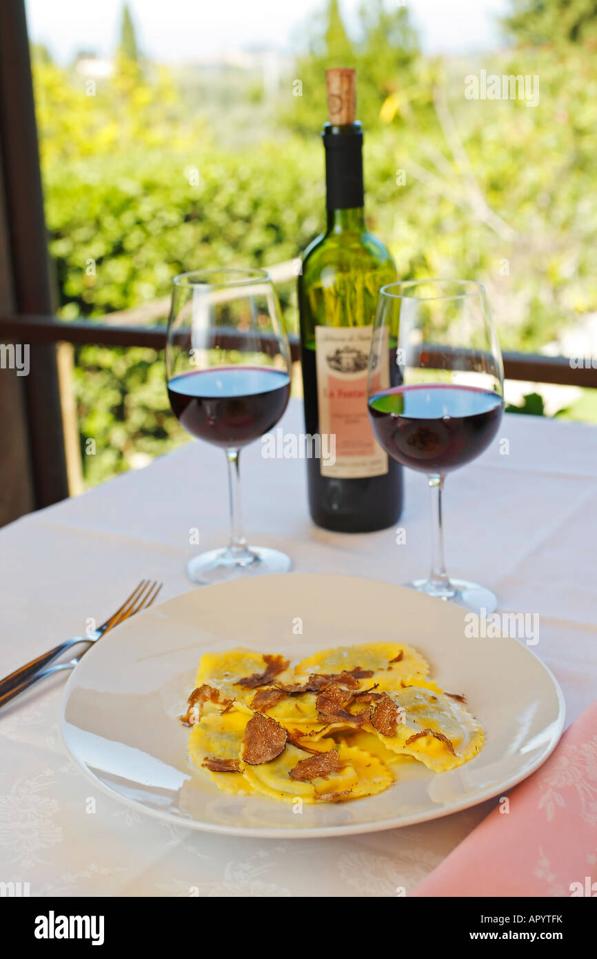 Ravioli with black truffles and red wine, Tuscan restaurant, Italy Stock Photo Alamy