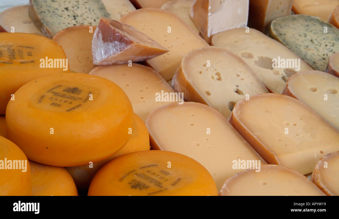 Gouda cheese for sale Thursday market Gouda Holland The Netherlands Stock Photo