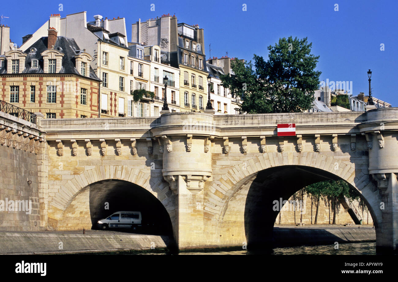 Paris Pont Neuf and houses seen from a boat Stock Photo