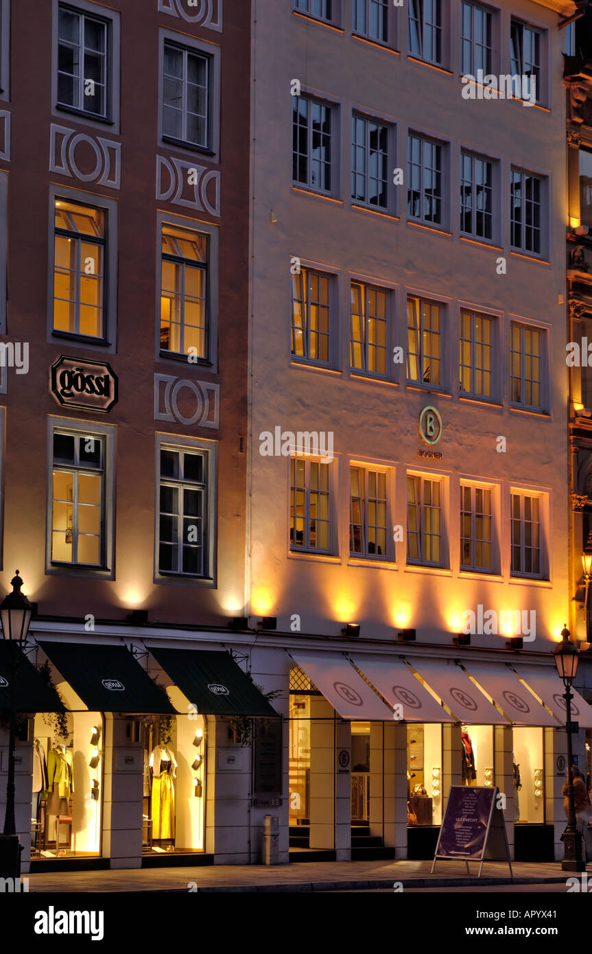 Chic shops of Munic at night, Munich (Munchen / Muenchen), Bavaria (Bayern), Germany Stock Photo