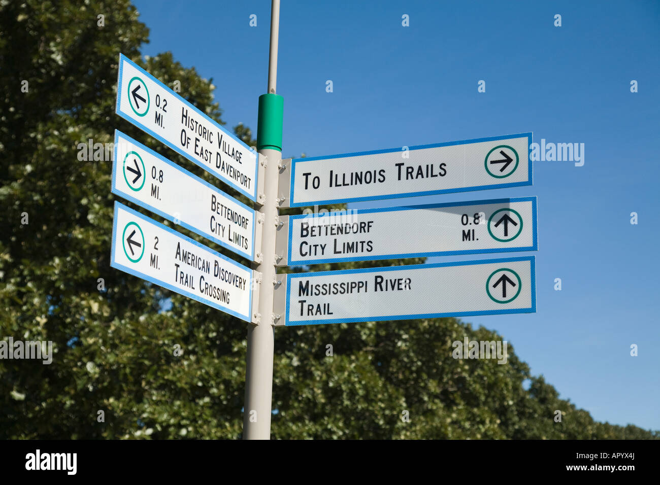 IOWA East Davenport Trail markers with arrows and distance in Quad