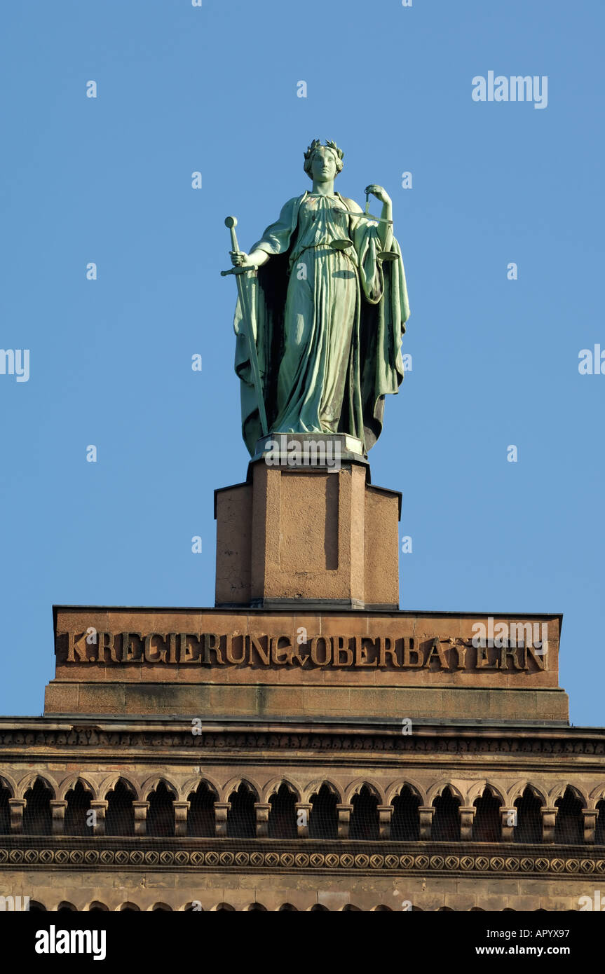 Statue of Justice on the Regierung von Oberbayern building on Maximilianstrasse, Munich (Munchen / Muenchen), Bavaria (Bayern), Germany Stock Photo