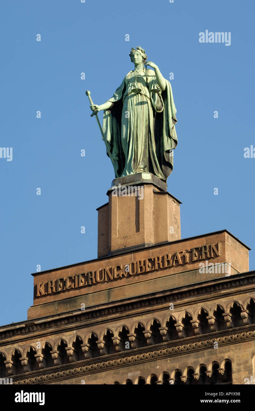 Statue of Justice on the Regierung von Oberbayern building on Maximilianstrasse, Munich (Munchen / Muenchen), Bavaria (Bayern), Germany Stock Photo