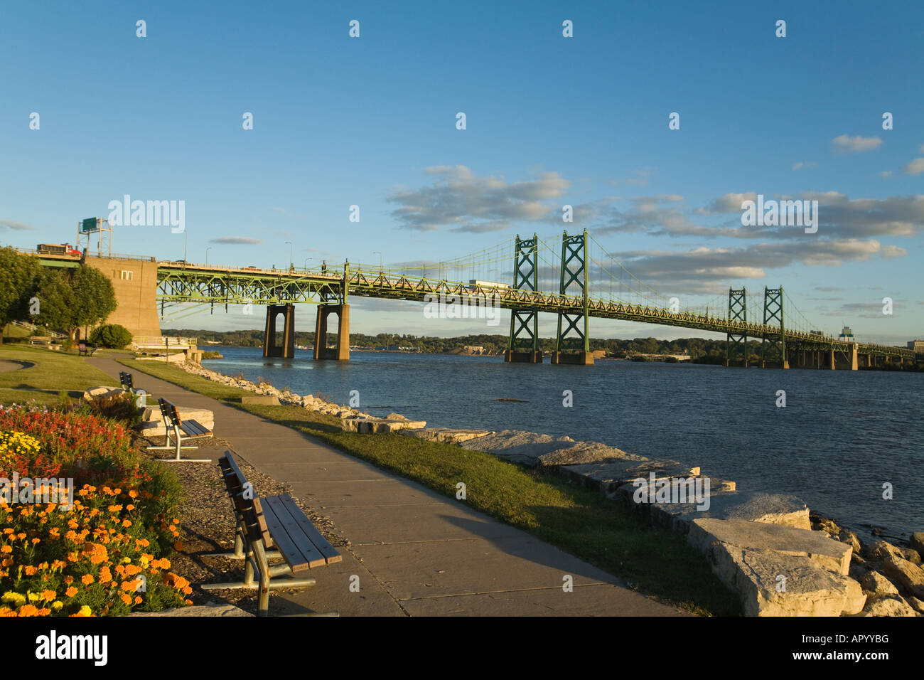 IOWA Bettendorf Benches along Great River Trail two interstate highway