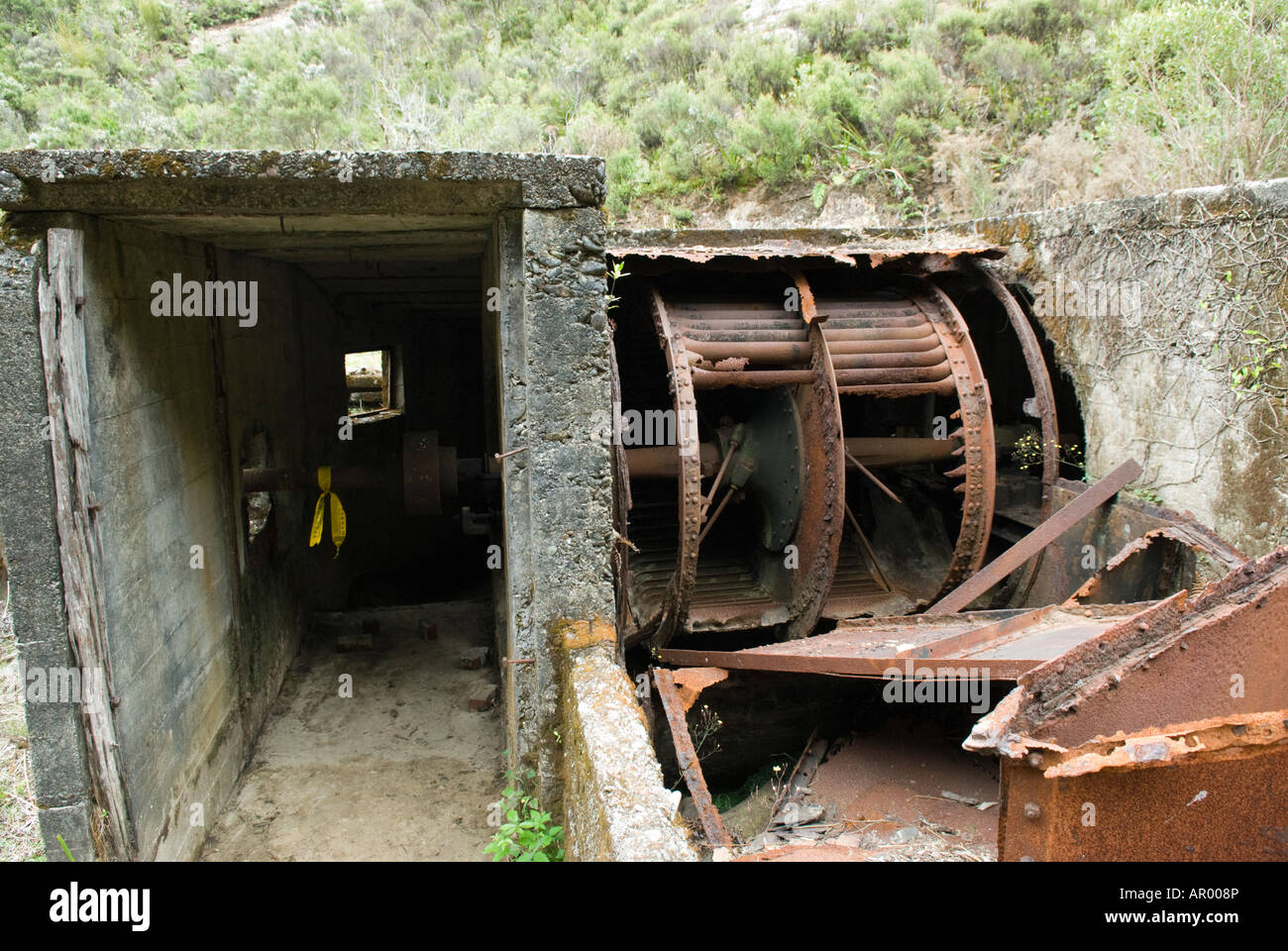 Old coal  mine workings outside the historic township of Blackball. Stock Photo