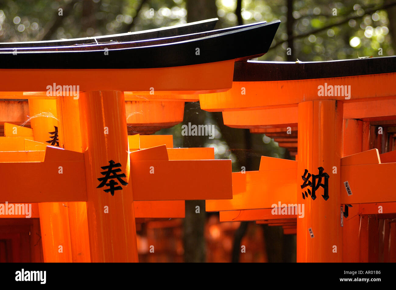 Detail of red tori gates at Fushimi Inari Shrine in Kyoto Japan Stock Photo