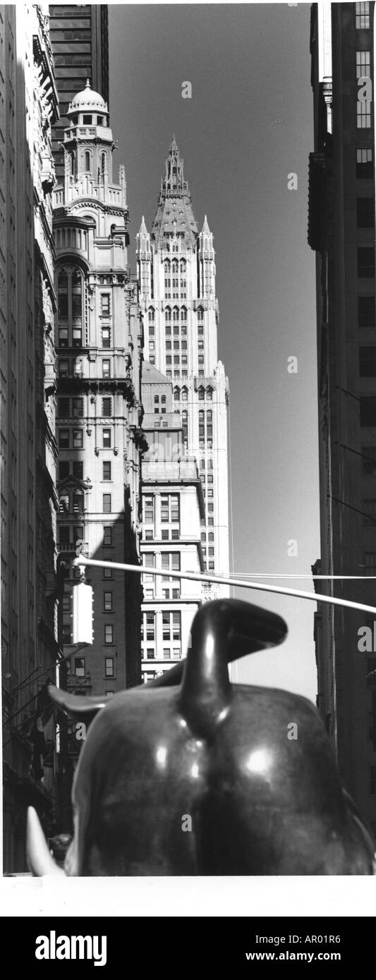 Woolworth Building with Bull, Bull, Woolworth Building, Downtown, Manhattan, New York, USA Stock Photo