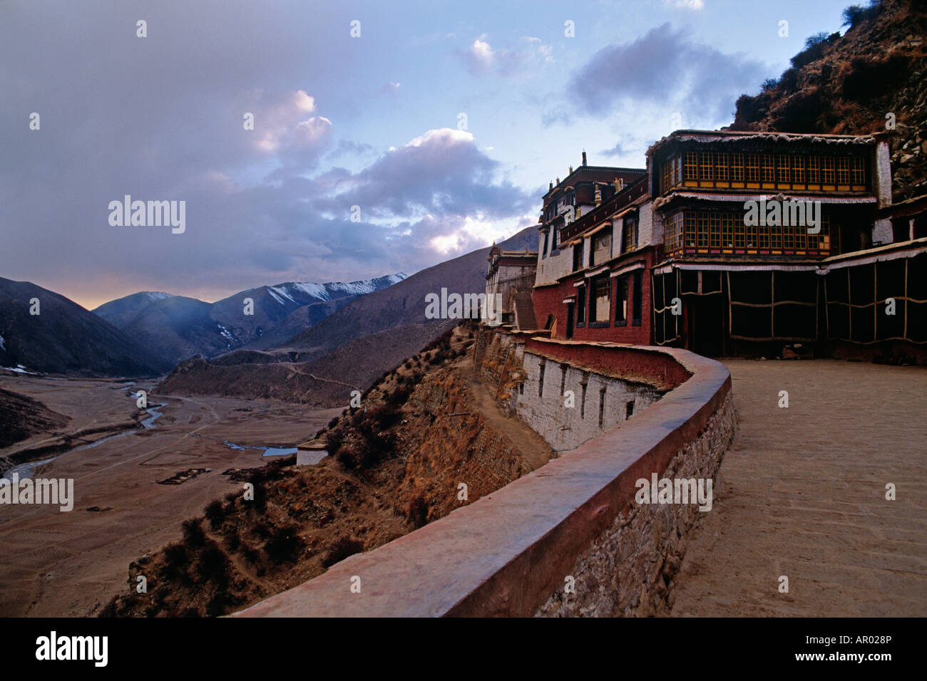 The DRIGUNG MONASTERY of the Kagyu Sect founded in 1179 is perched above the KYICHU RIVER is a SKY BURIAL SITE TIBET Stock Photo