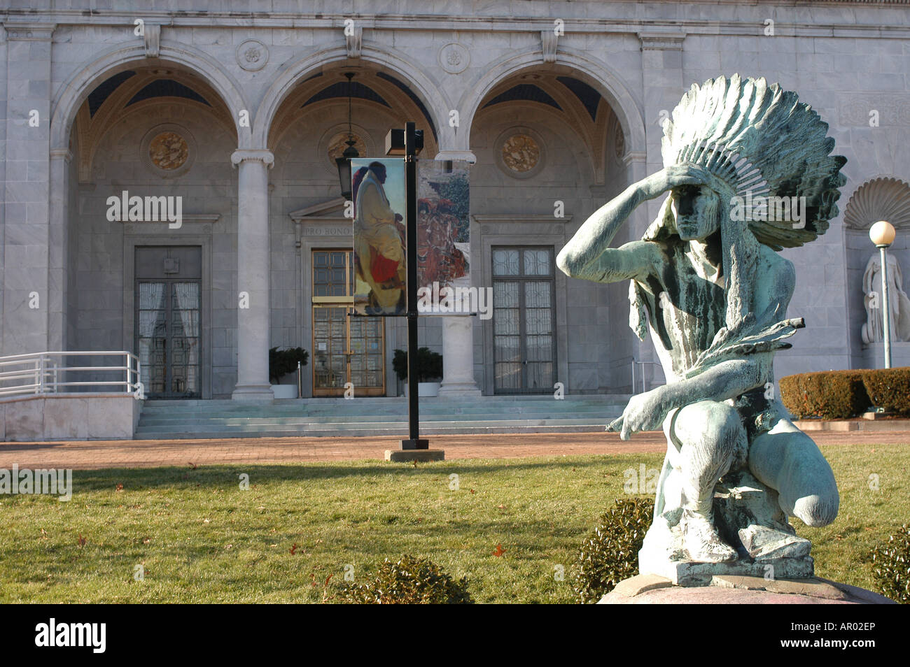 Bronze Native American statue entrance to The Butler Institute of American Art Youngstown Ohio USA Indian chemical erosion Stock Photo
