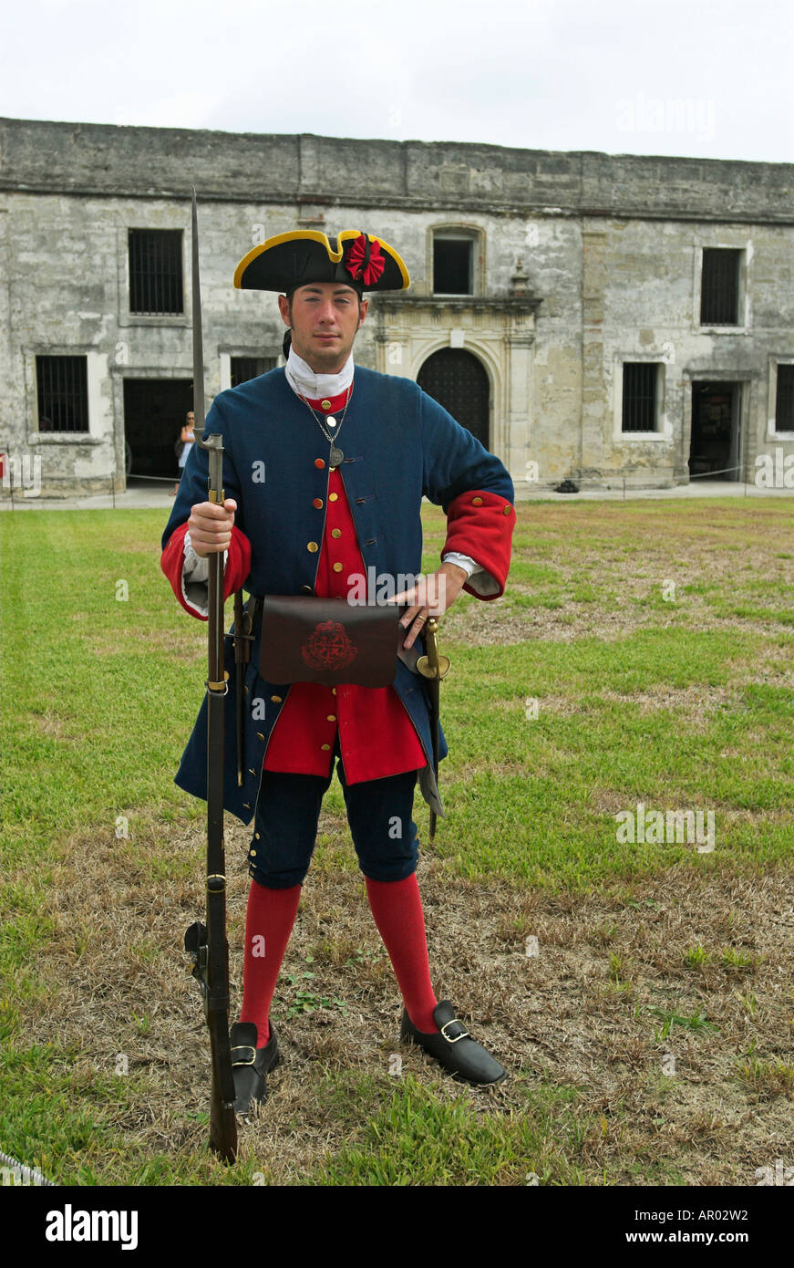 Soldier in british uniform in the Castillo de San Marcos, oldest stone fort of the US, Florida, USA Stock Photo