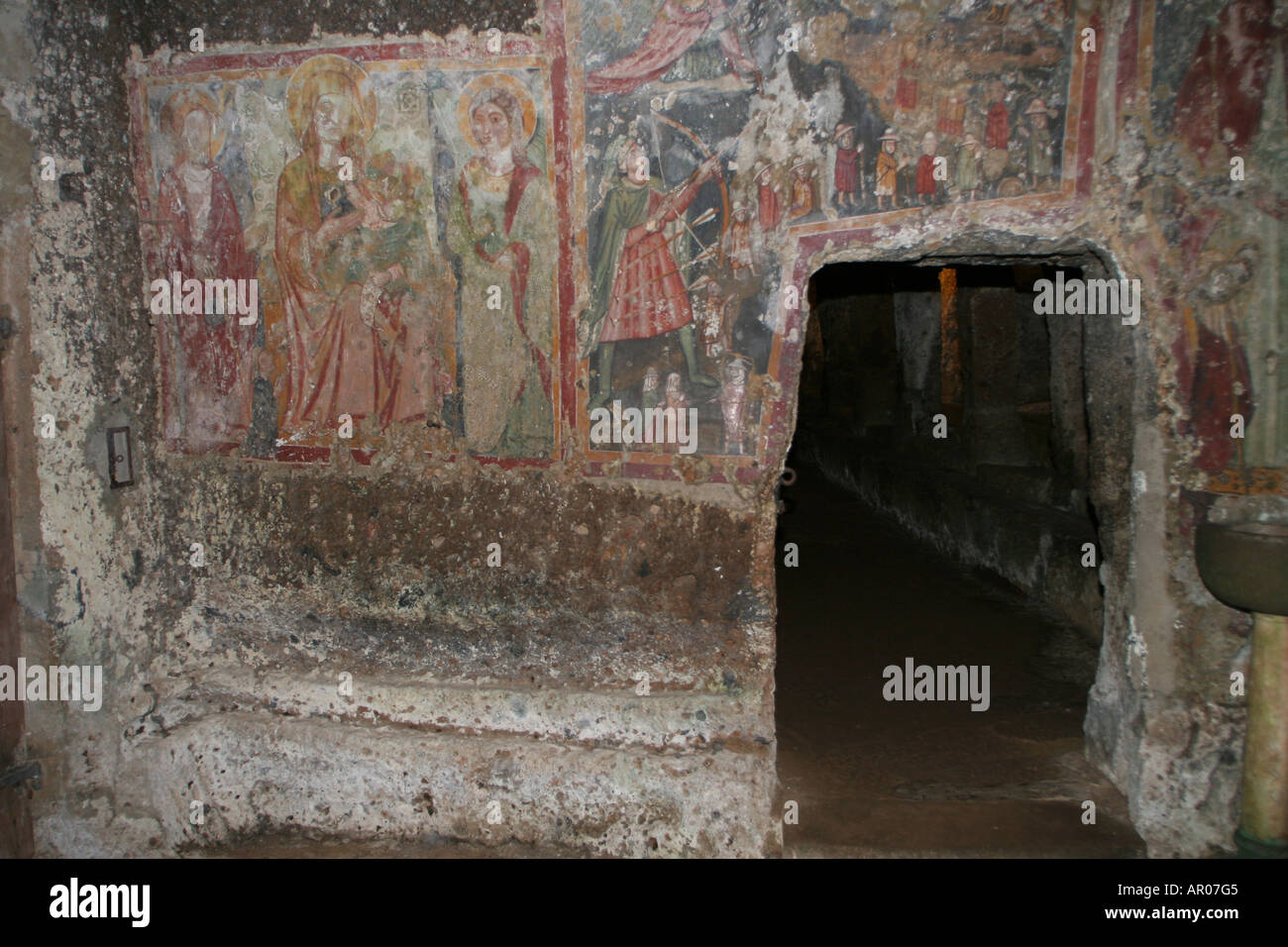 Wall-paintings, rock church Madonna Del Parto, Sutri, Latium, Italy Stock Photo