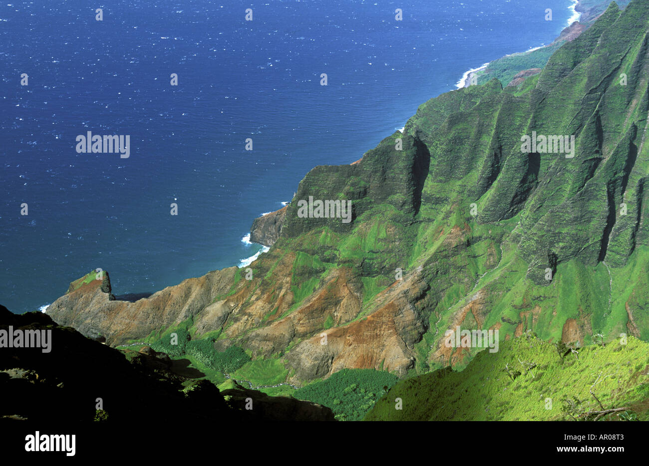 The splendid lush green cliffs of Honopu Valley Kauaii Hawaii USA Stock Photo