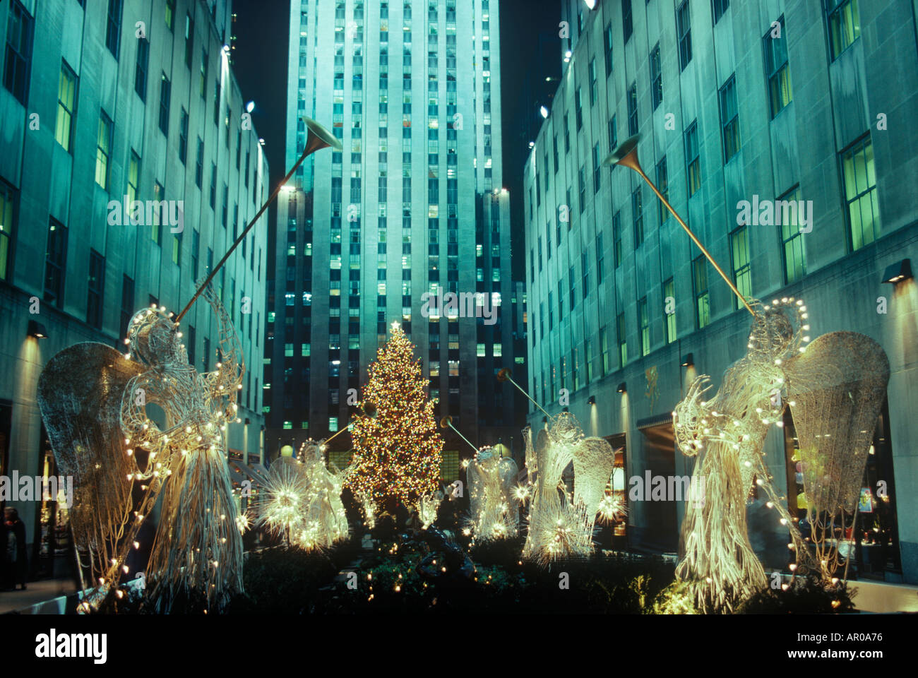 Lighted Christmas Angels display Rockerfeller Center New York City U S A Stock Photo
