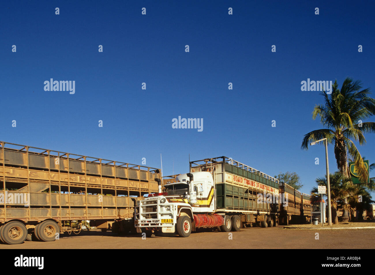 road trains, roadhouse, Stuart Highway, South Australia Stock Photo