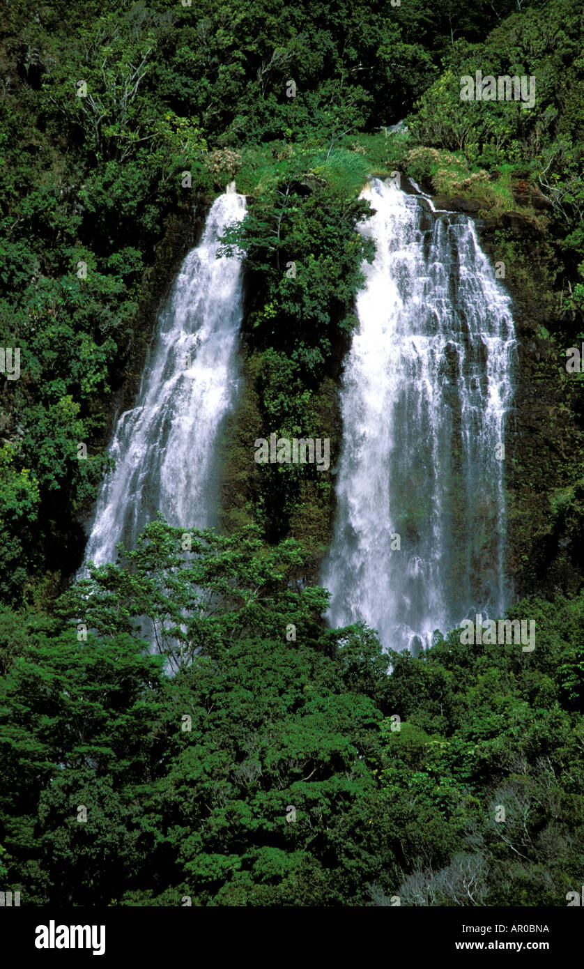 Opaeka twin waterfalls Kauai Hawaii USA Stock Photo