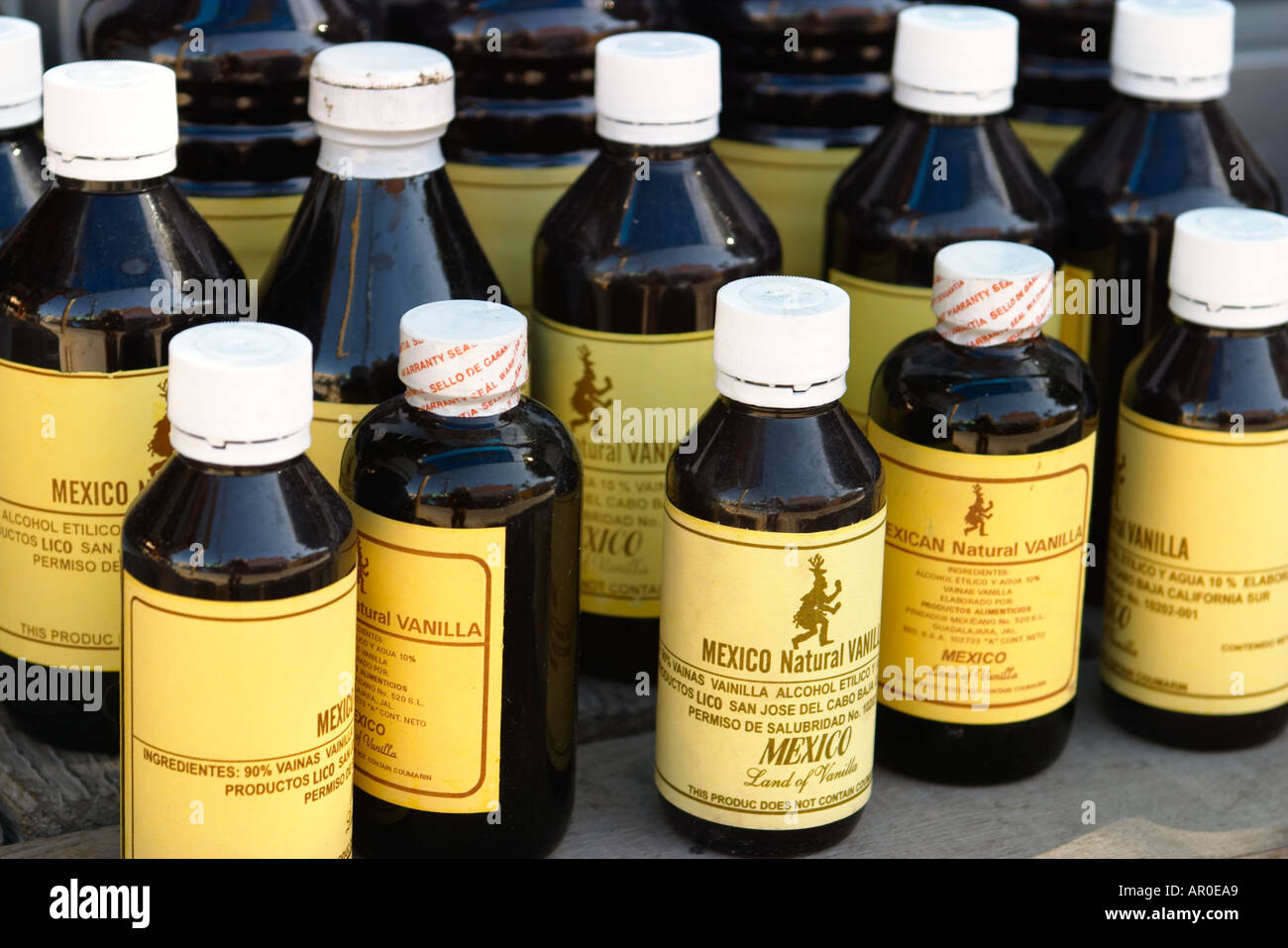 MEXICO Cabo San Lucas Natural Mexican vanilla in bottles displayed in