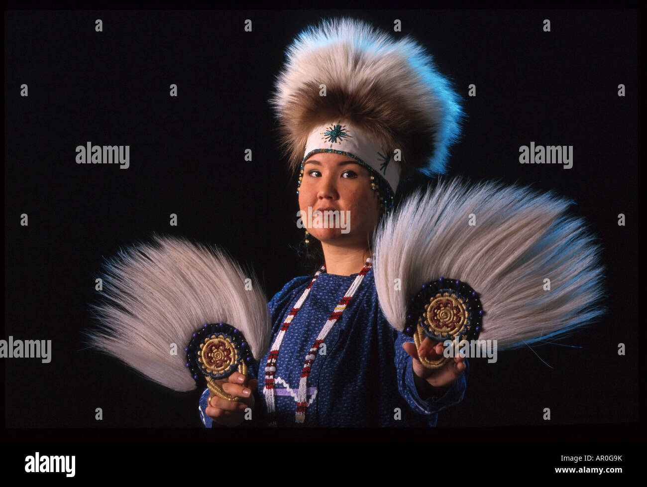 Yupik Woman w/dance fans & Headdress SC Alaska studio portrait Stock Photo