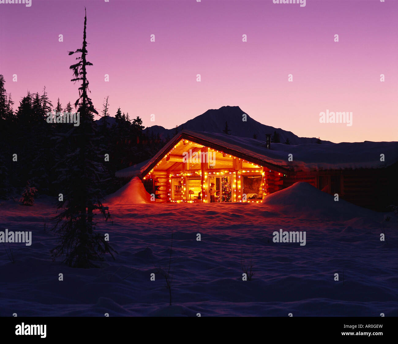 Girdwood Log Cabin Christmas Lights Decorations Dusk Ak