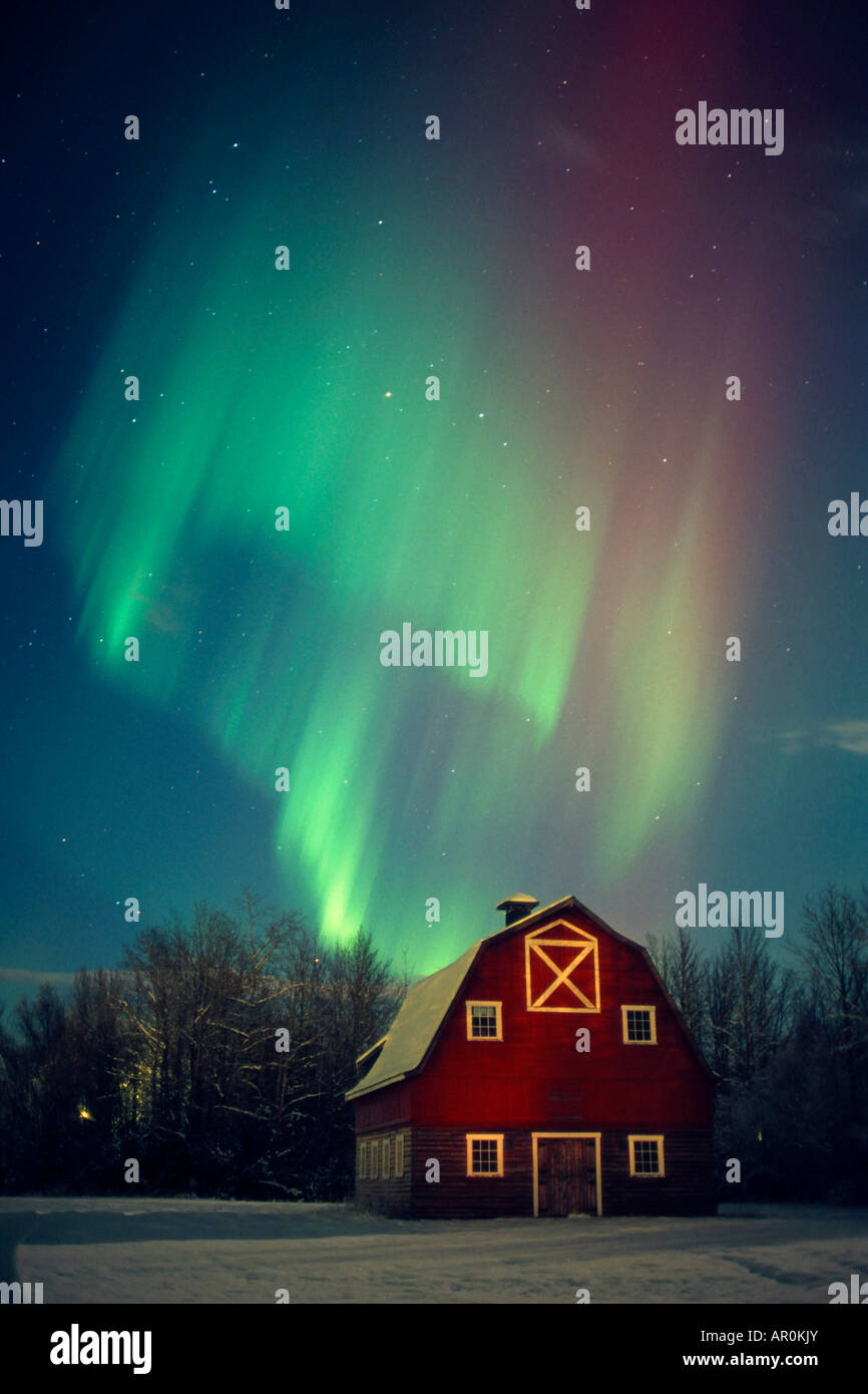 Northern Lights Over Barn near Palmer AK SC Winter Stock Photo Alamy