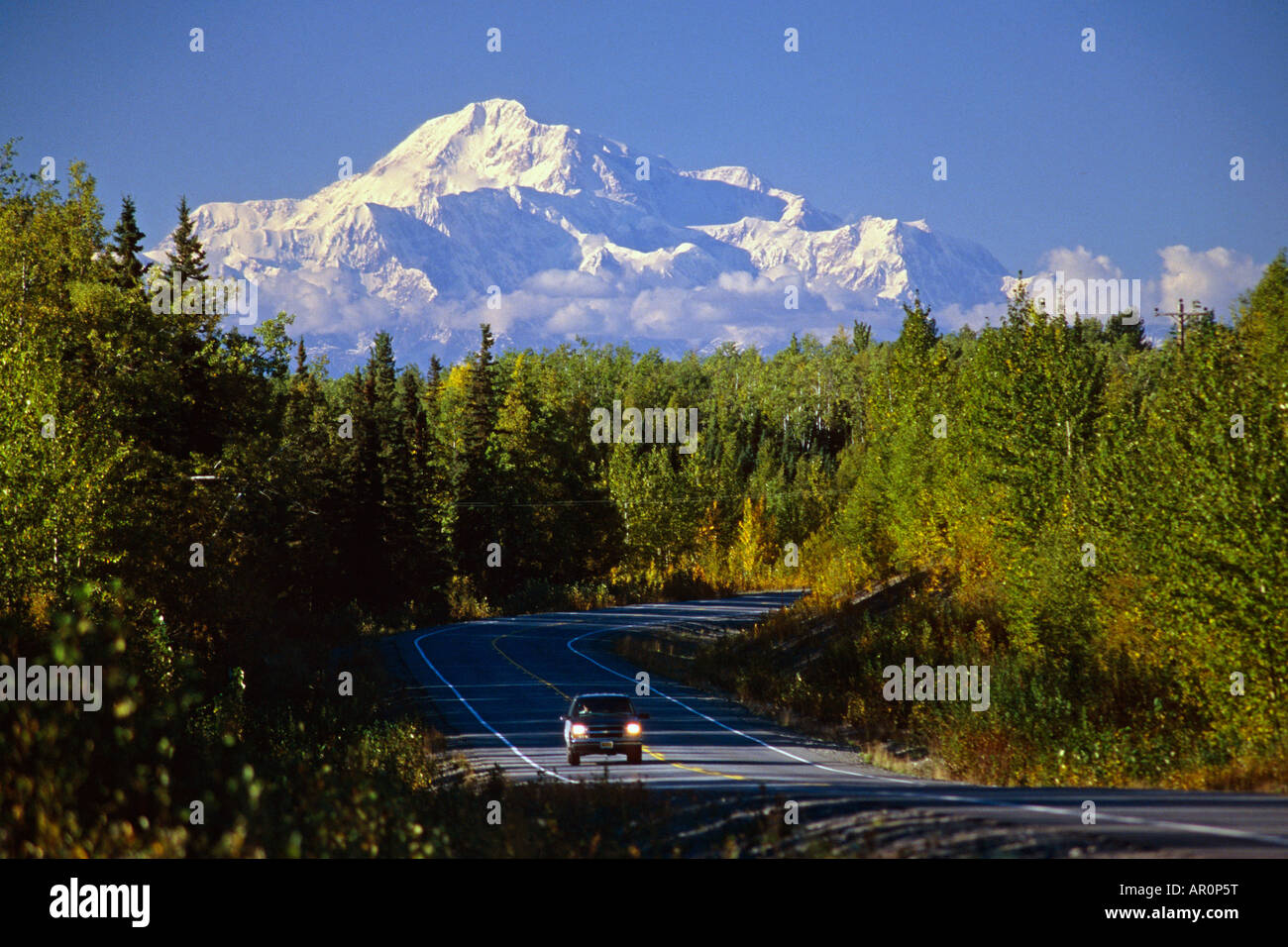Vehicle Traveling on Parks Hwy Mt McKinley Summer SC AK Stock Photo
