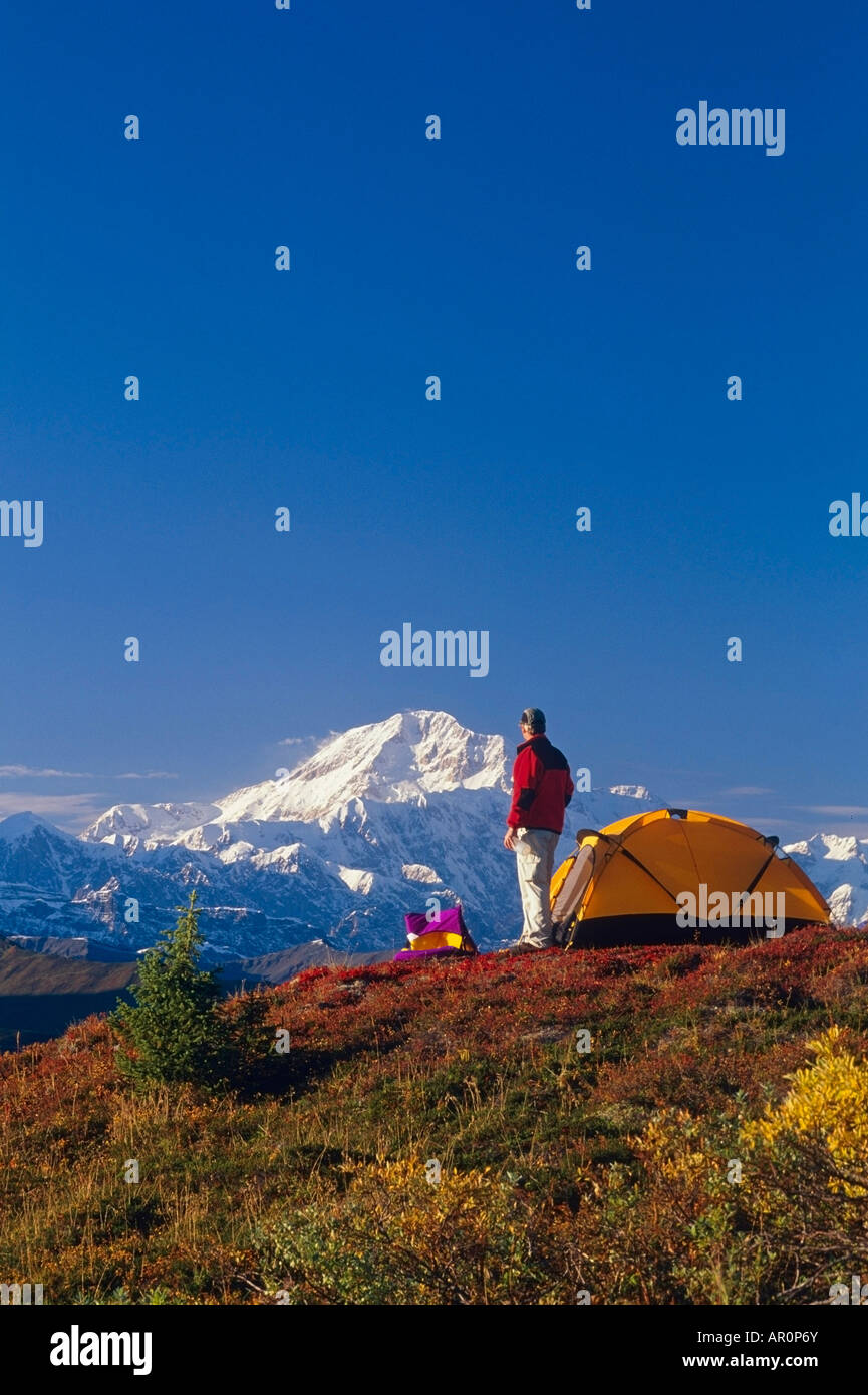 Man Camping & Viewing  Mt Mckinley Near Pond IN Alaska Stock Photo