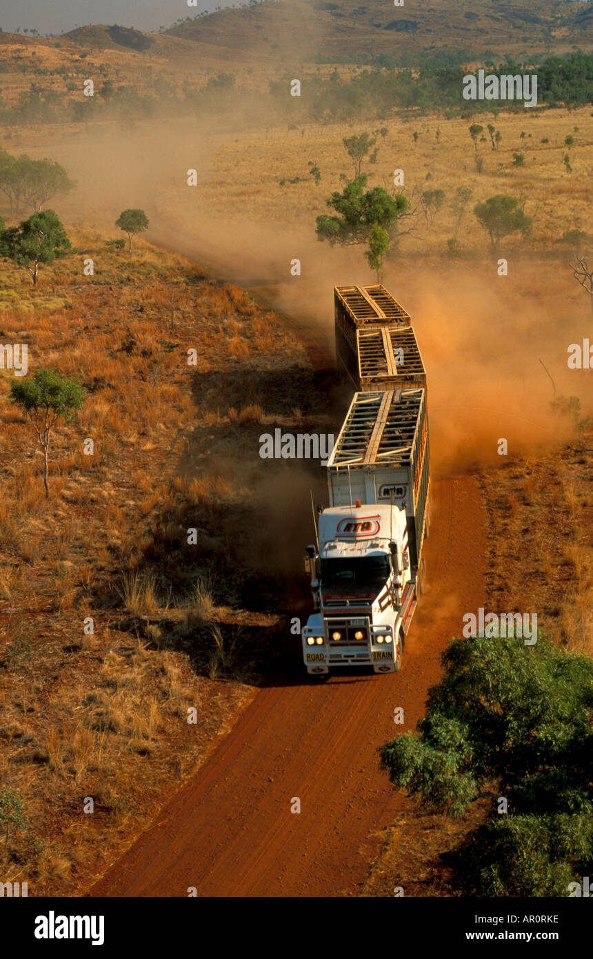 aerial view of cattle truck on dirt road, Kimberley, Australia Stock Photo