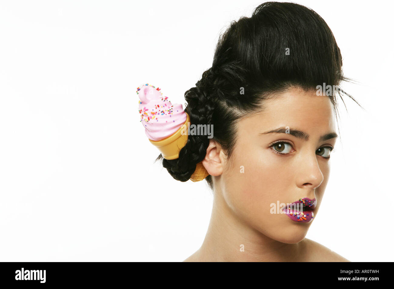 Woman with an ice cream cone in her hair Stock Photo - Alamy