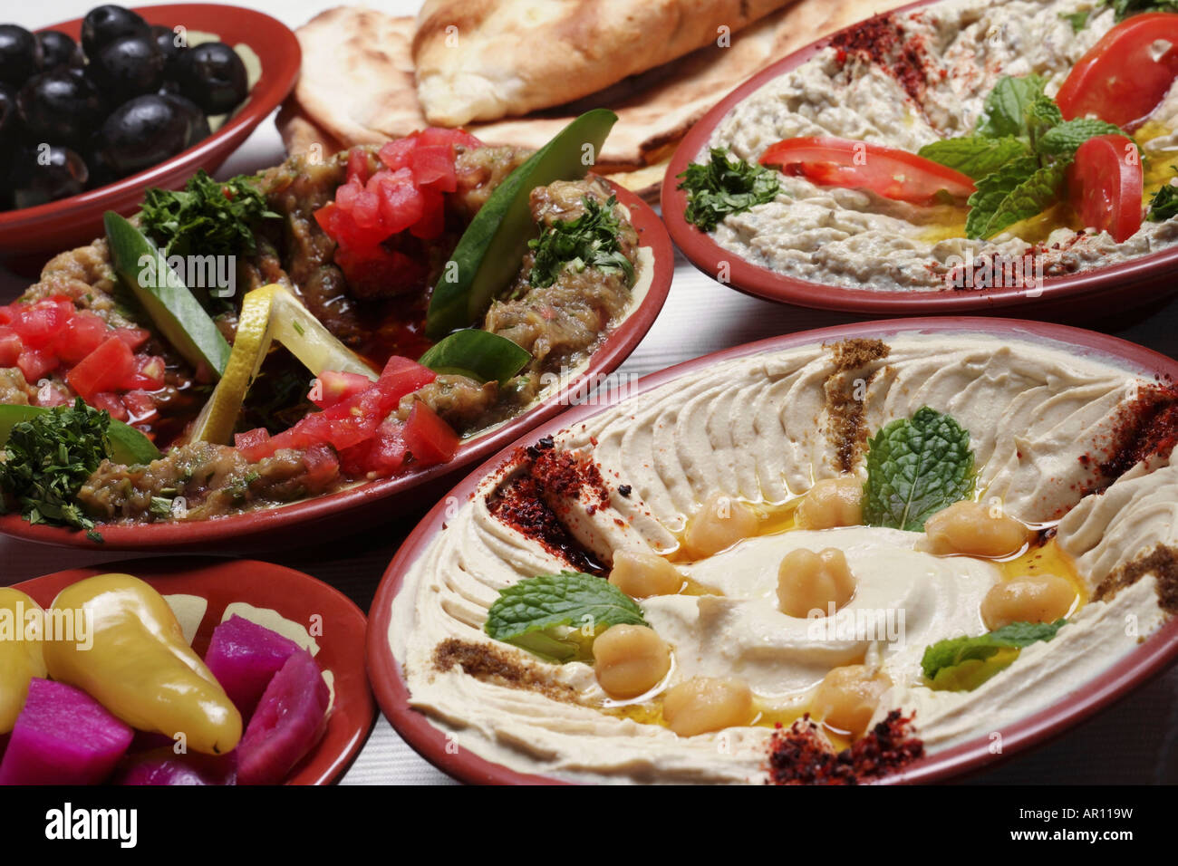 Mezze spread of starters served before a meal Stock Photo Alamy