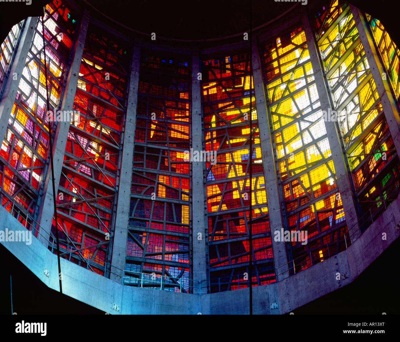 The Cathedral of Christ the King, Liverpool, UK. Frederick Gibberd 1967. Stained glass in the tower (lantern) by John Piper and Patrick Reyntiens Stock Photo
