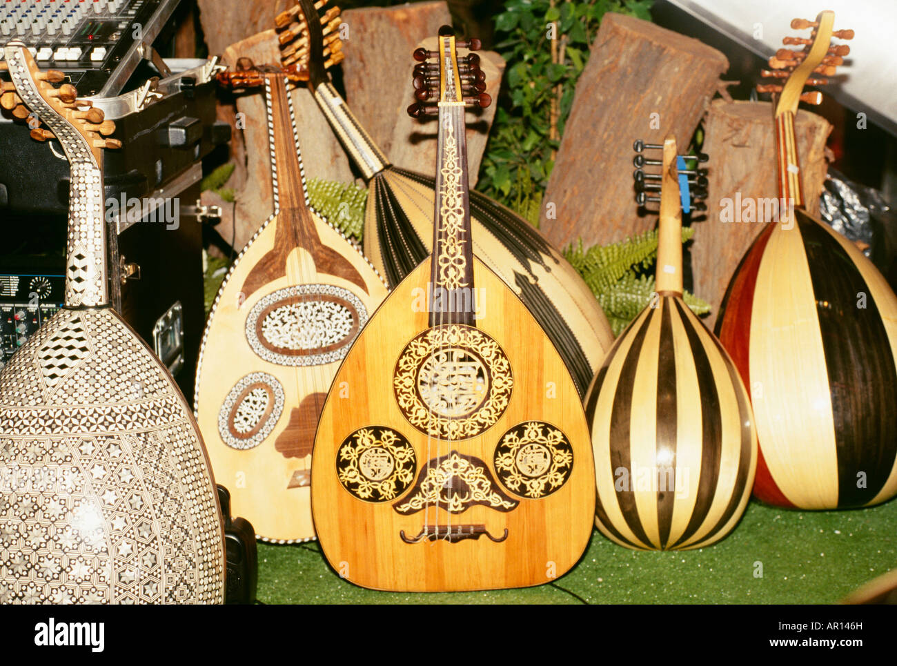 Musical stringed instruments of various shapes and sizes are arranged at one place. Stock Photo