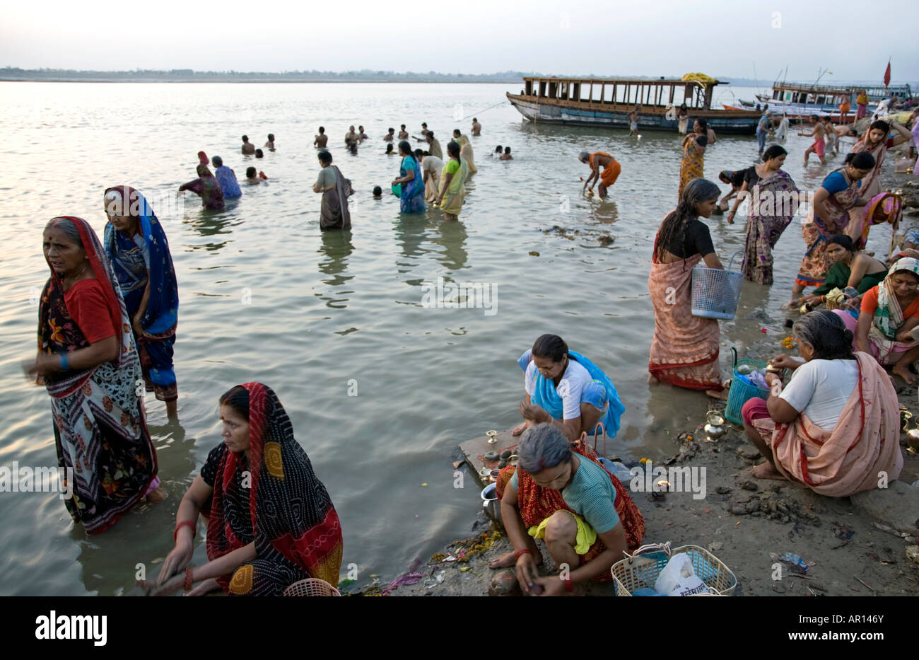 Ritual morning bath. Assi Ghat. Ganges river. Varanasi. India Stock ...