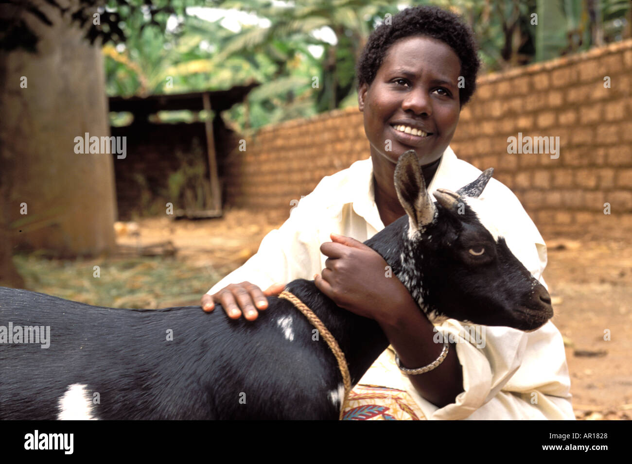 Rwanda genocide orphan Angelique looks after her 4 youger siblings happily receives a goat from Send a Cow to provide milk Stock Photo